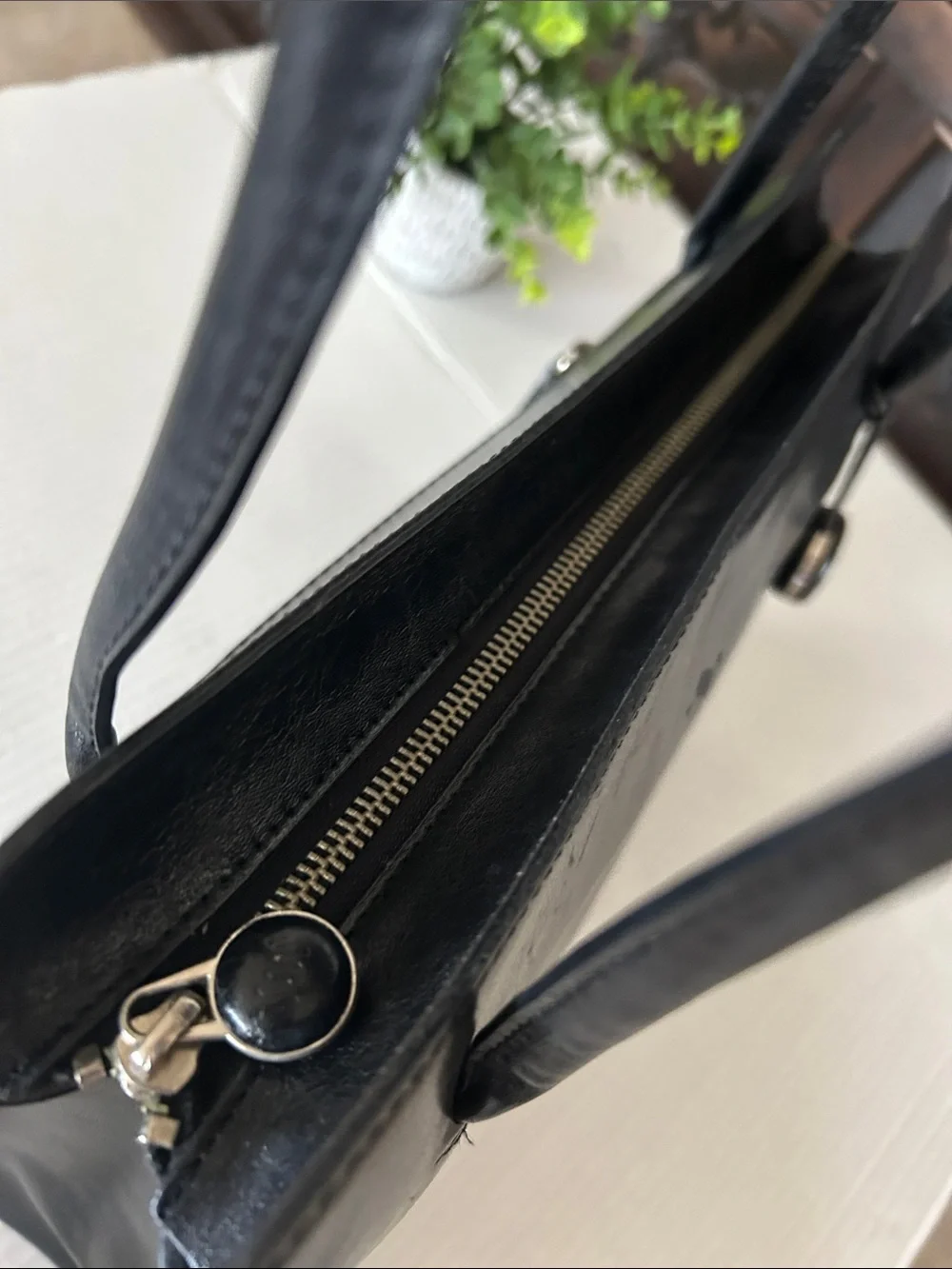 Monsac Black Leather Shoulder Tote with Logo Charm